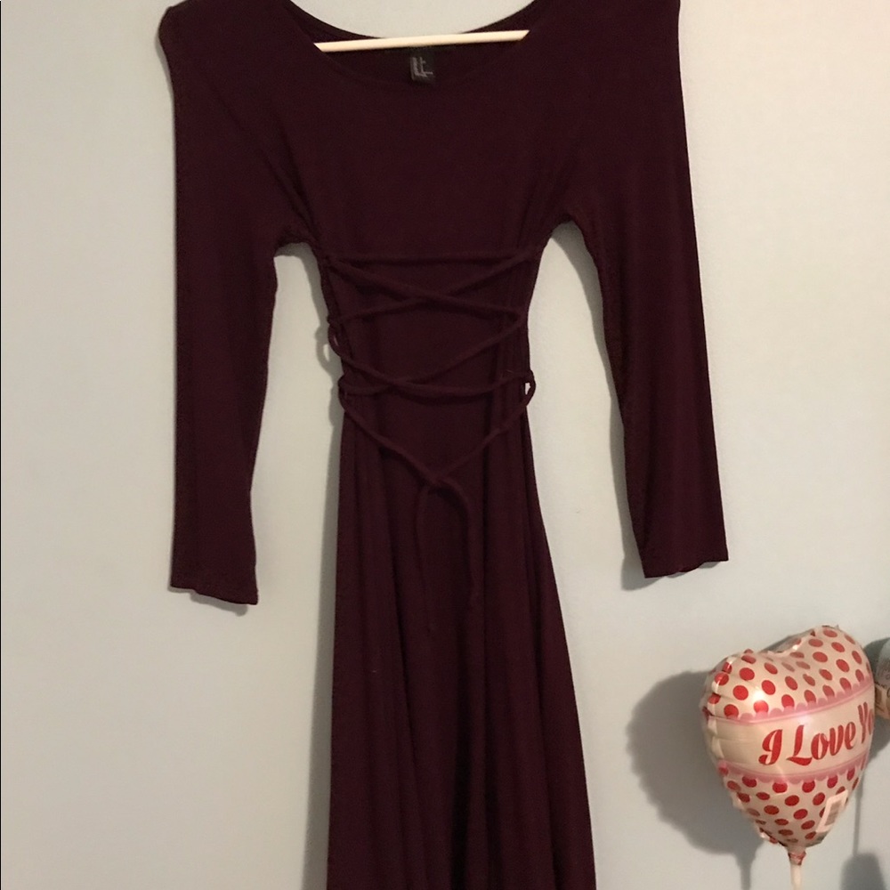 Maroon dress with corset tied back